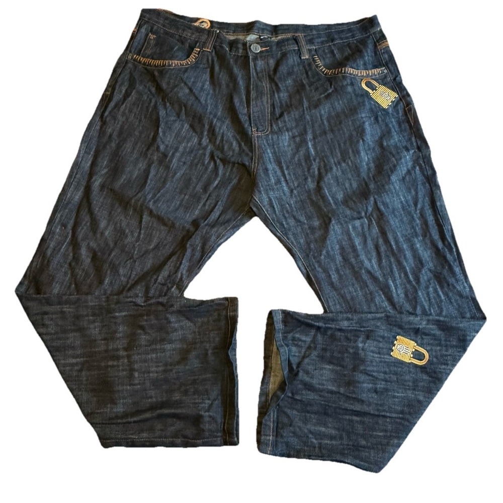 Vintage Y2K Miskeen Denim Baggy Embroidered Locks Hand Jeans 44x32‎ Wide Leg